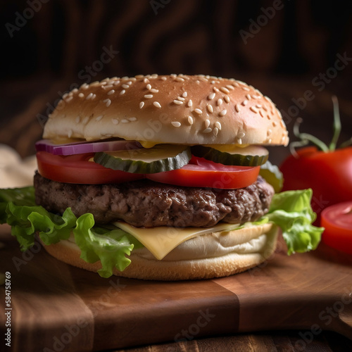 A mouthwatering, delectable photograph of a classic hamburger, consisting of a juicy beef patty, fresh lettuce, ripe tomatoes, crisp onions, crunchy pickles, and melted cheese, all sandwiched between 