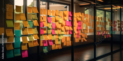 Sticky notes on glass wall in the office for business brainstorming concept. Generative Ai