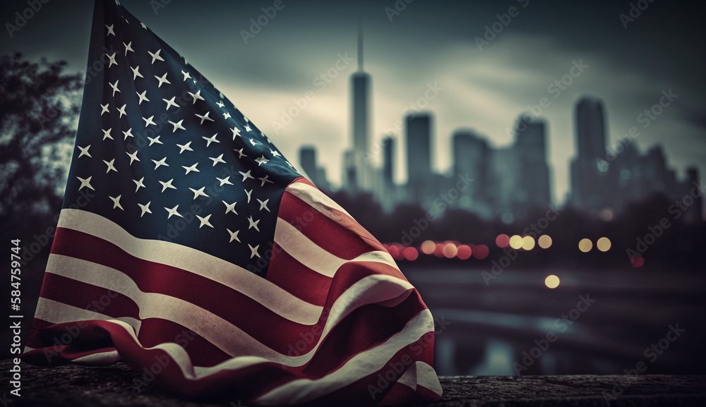American flag in the city with blur background, memorial day. - obrazy, fototapety, plakaty 
