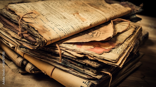 Old, damaged books or history scrolls written in the Middle Ages or earlier. Generative ai