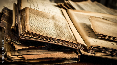 Old, damaged books or history scrolls written in the Middle Ages or earlier. Generative ai