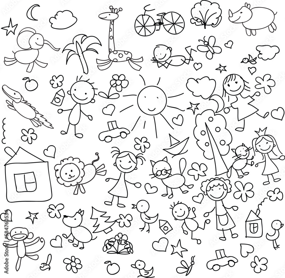 A set of children drawings. Kid doodle. Sun in the clouds, summer flowers and trees, painted houses, cute cat and other black white elements. Vector illustration on white background. A set of children drawings. Kid doodle. Sun in the clouds, summer flowers and trees, painted houses, cute cat and other black white elements. Vector illustration on white background.
