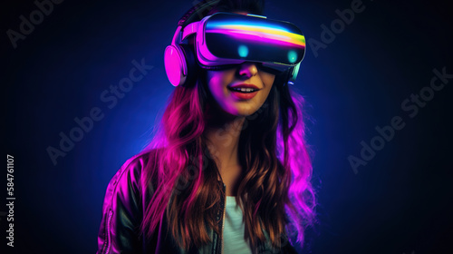 Portrait of an African-American woman in astonishment wearing a virtual reality headset. Vivid colors neon glowing HMD generative ai © Roman