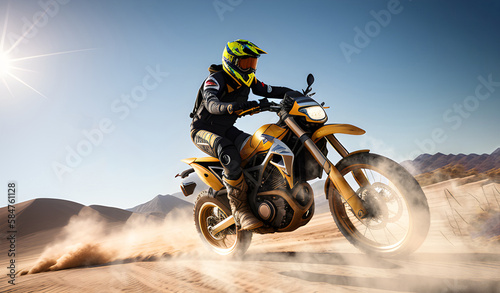 sports motorcyclist racing off-road in the desert. generative ai © i-element
