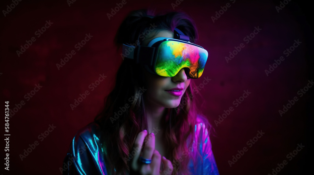 Portrait of an African-American woman in astonishment wearing a virtual reality headset. Vivid colors neon glowing HMD generative ai