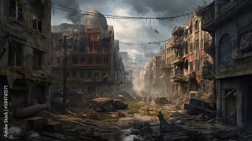 Apocalyptic cityscape with some roaming survivors combing through the wreckage. 