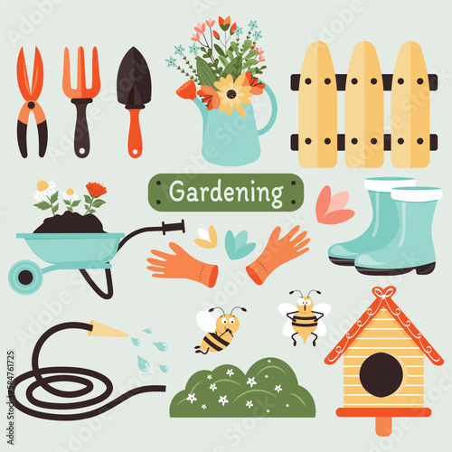 Gardening. Garden set with tools, spring and summer elements