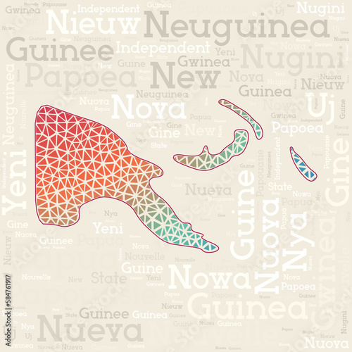 Papua New Guinea map design featuring country names in different languages and a geometric low poly triangle style. An awesome vector illustration of Papua New Guinea.