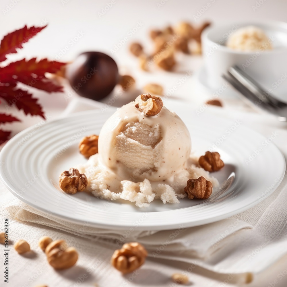 White plate with a scoop of ice cream and nuts on top. The plate is placed on a white tablecloth White plate with a scoop of ice cream and nuts on top. The plate is placed on a white tablecloth