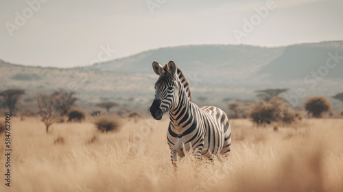 Zebra in the african savannah. Generative AI