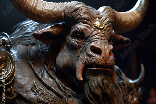 Minotaur mythological bull man with big horns, creature from legends. AI generated.
