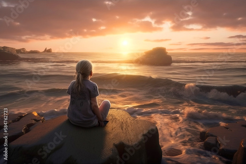 On mother's day, mother and daughter sit on the beach at sunset. Fictional person created with generative AI. © Serhii