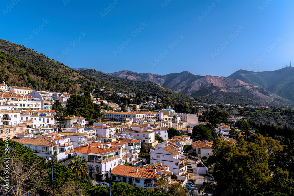Mijas Pueblo Spain view from famous blanco village to houses and mountains