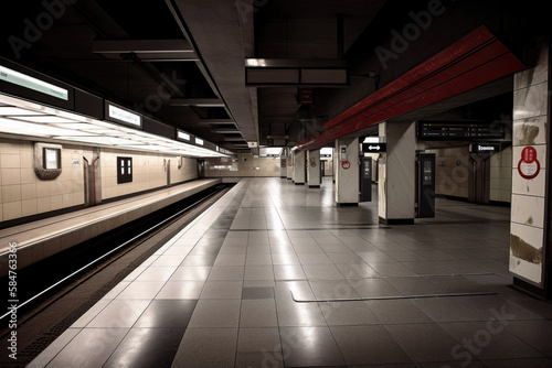 Strike on public transport, an empty underground station is be quiet and vacant, with no commuters rushing to their destinations - Generative AI
