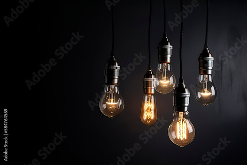 Empty, grey background illuminated by retro light bulbs. Generative AI