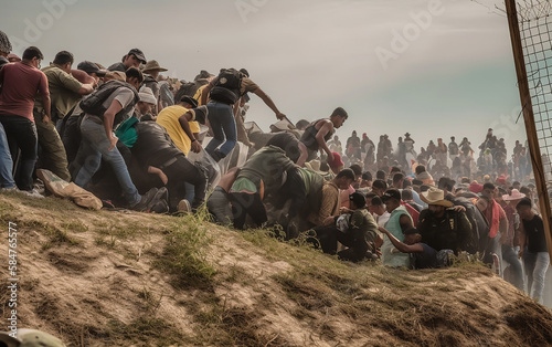 Illustration of mass immigration of people, the concept of social problems.Intense moment as people clamber up a hill near a barrier, depicting the desperation and hurdles immigrants often encounter. photo
