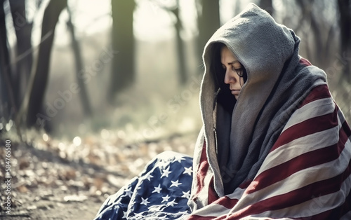 Woman wrapped in an American flag in a forest setting, signifying the hope and struggles tied to the pursuit of the American dream. photo