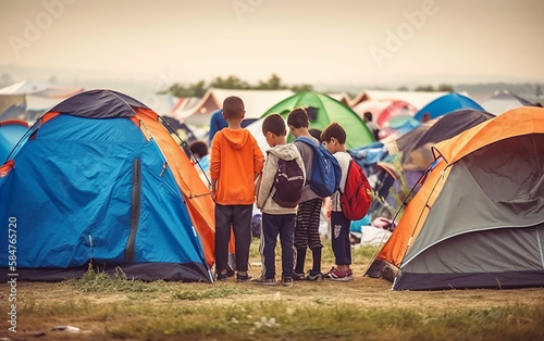 Group of young refugees stands by tents, highlighting the challenges of migration