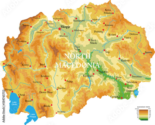 North Macedonia highly detailed physical map