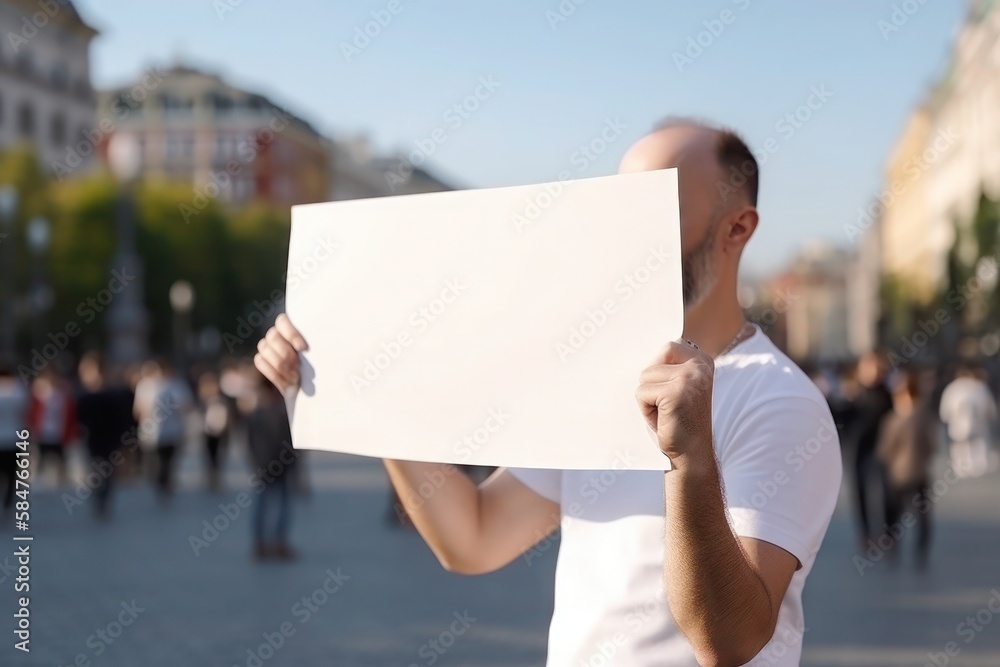 a middle-aged man holding a blank sheet of paper sign poster message picket rally banner generative ai a middle-aged man holding a blank sheet of paper sign poster message picket rally banner generative ai