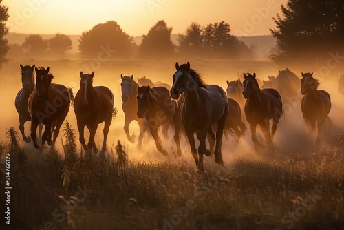 Horses run on the meadow  generative AI