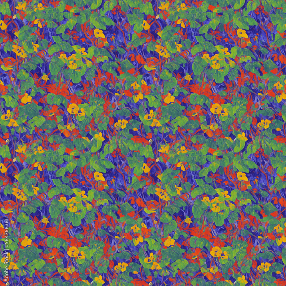 Seamless pattern with tropical plants and leaves. Decorative painting, Generative AI