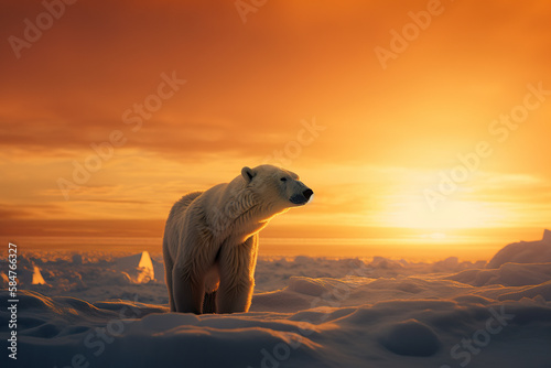 Canvastavla a polar bear on a sunset sky