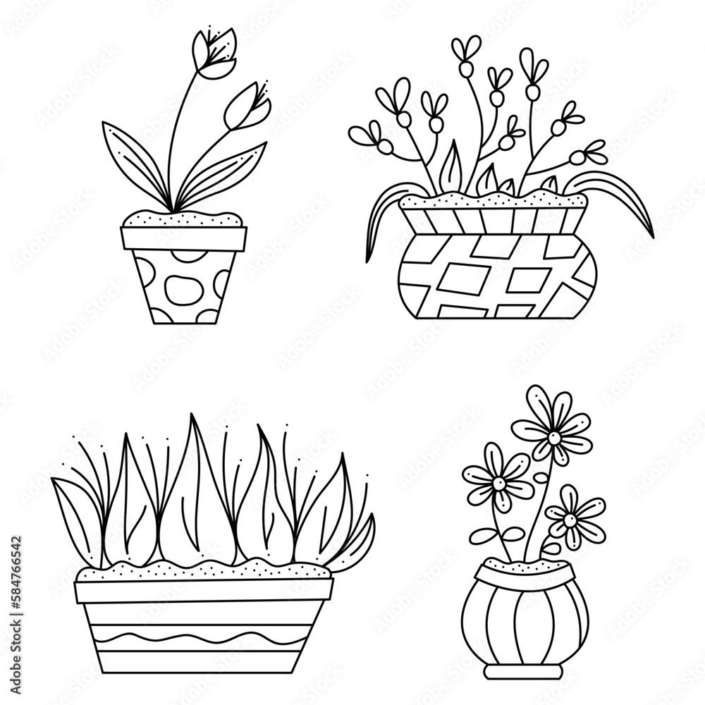Set of four abstract flowers in pots. Doodle vector black and white illustration. Set of four abstract flowers in pots. Doodle vector black and white illustration.