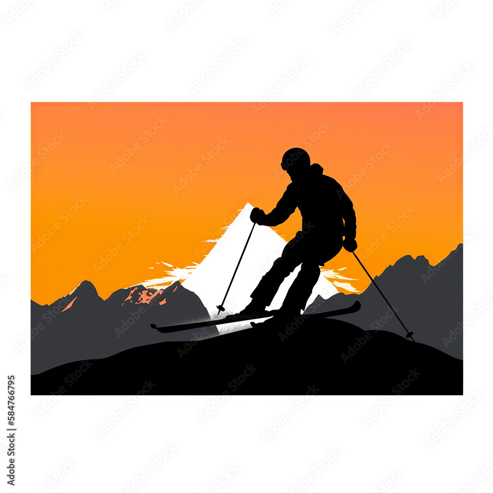 ilhouette, sport, ski, winter, skiing, vector, snow, skier, people, illustration, sports, golf, action, black, player, fun, cold, competition, boy, mountain, extreme, activity, generated ai