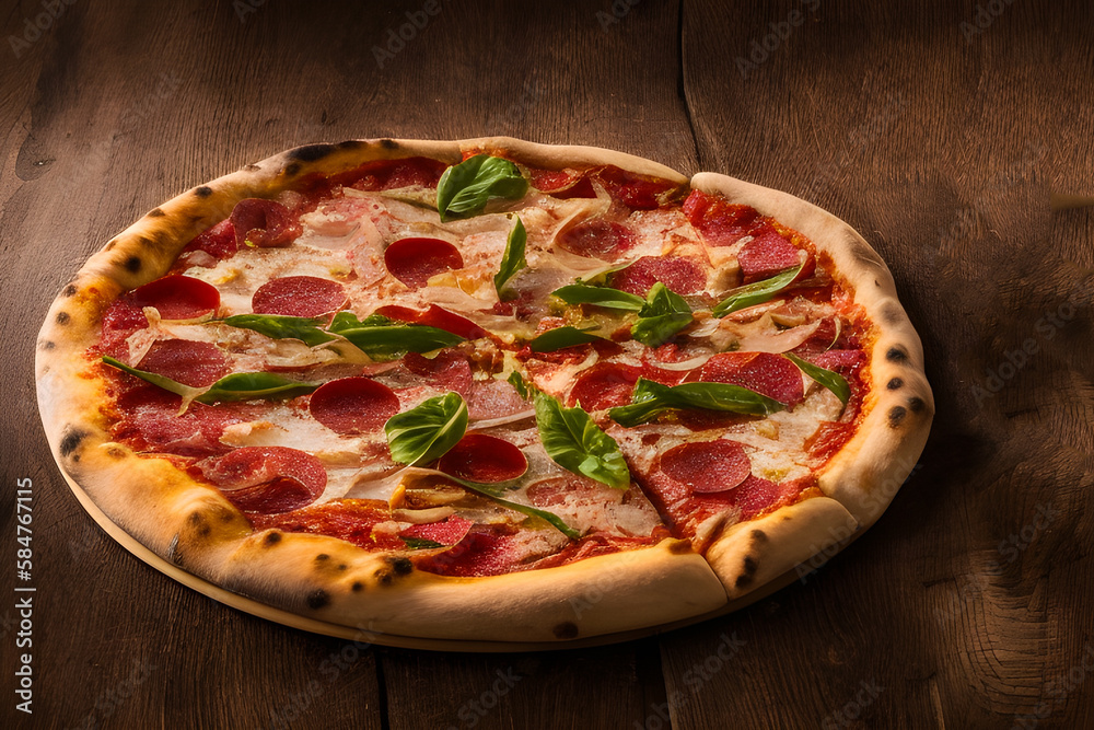 Pizza on wooden table.