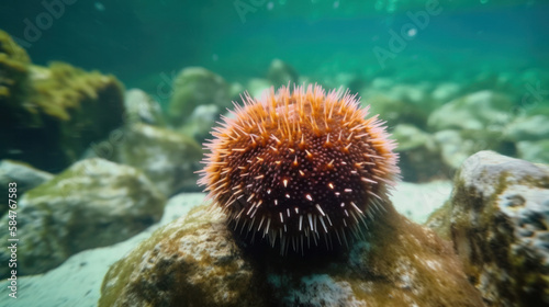 Sea urchin and the coral reef in the sea ocean. Generative AI