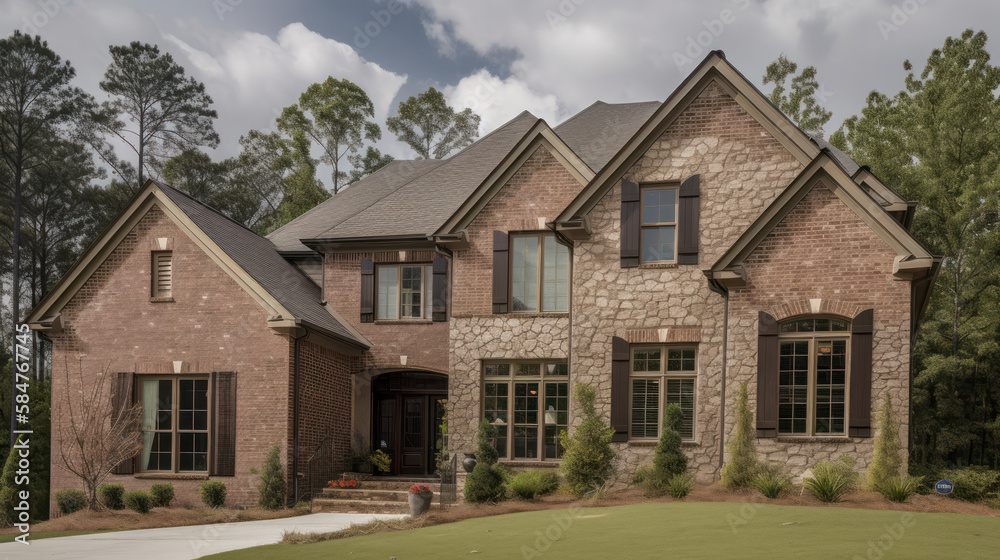 Old luxury american house made of bricks. Landscape design. Generative AI Old luxury american house made of bricks. Landscape design. Generative AI