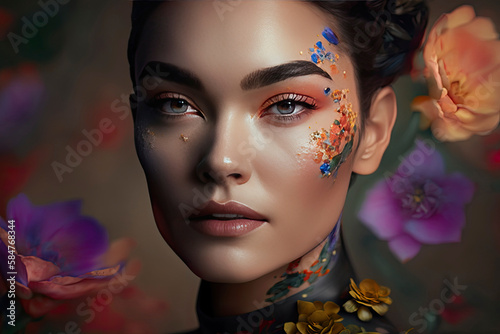 Generative AI illustration of serious young Asian female with bright colorful makeup wearing traditional clothes and accessories looking at camera against flowers photo