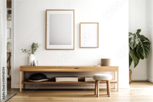 MOCKUP PHOTO FRAME  Bright modern room interior with mock up photo frame, perfect fit for your art, print, or pictures  Modern concept of shelves. Generative AI © neo