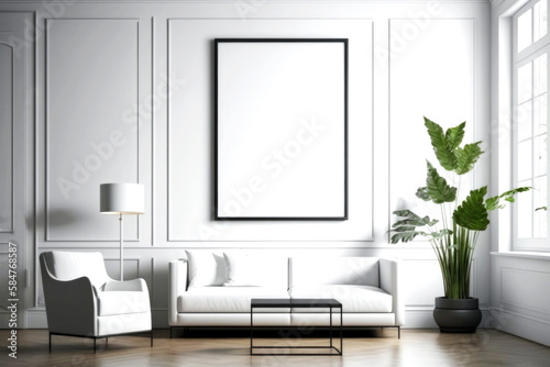 MOCKUP PHOTO FRAME Bright modern room interior with mock up photo frame, perfect fit for your art, print, or pictures Modern concept of shelves. Generative AI