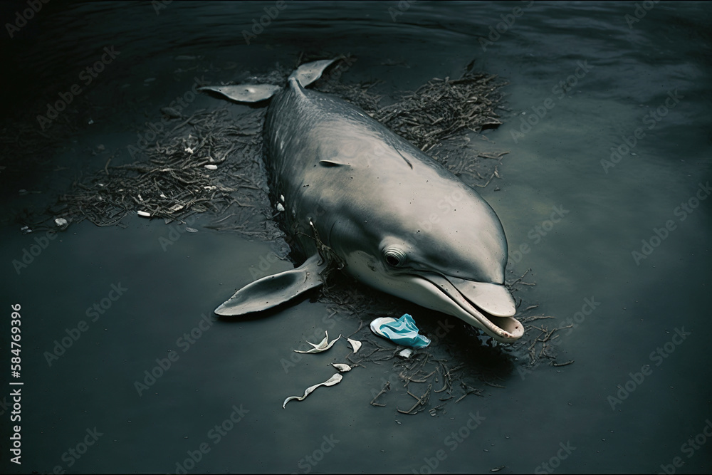 Generative ai illustration of wild dolphin in dirty water with