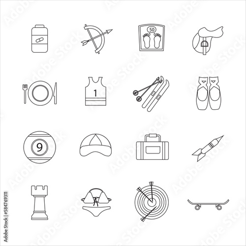 Collection of icons with different sports and healthy eating in outline design