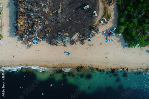 Generative AI illustration of drone view of heap of trash on sandy beach near azure ocean with foamy waves on sunny day photo