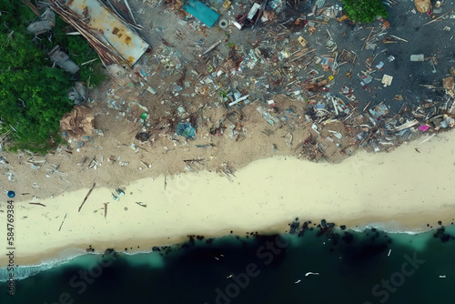 Generative AI illustration of drone view of heap of trash on sandy beach near azure ocean with foamy waves on sunny day photo