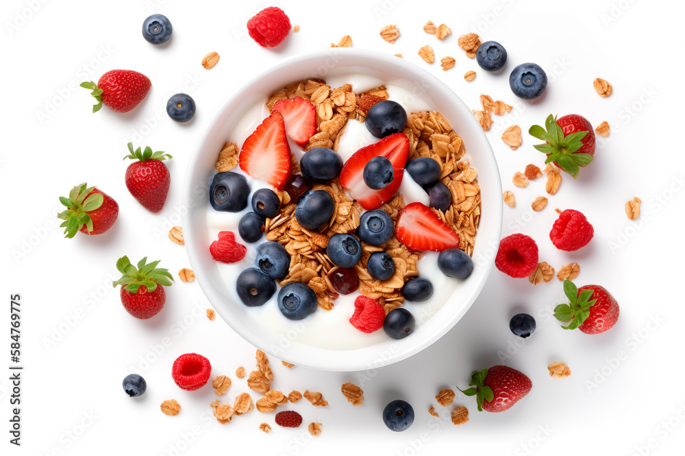 Top view bowl of homemade granola with yogurt and fresh brieers. Generation AI Top view bowl of homemade granola with yogurt and fresh brieers. Generation AI