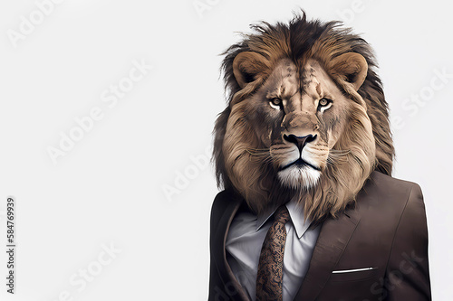 Lion in a suit. White shirt and tie on a white background. A lion. AI generated