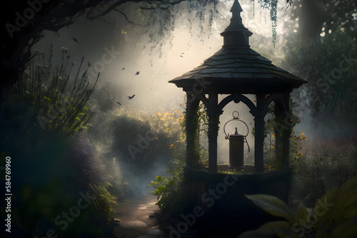 ancient wishing well in the midst of a flourishing garden, generative ai photo