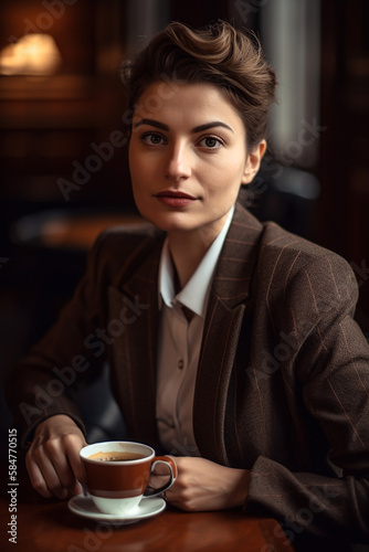 Confident Italian woman wearing an elegant suit drinking a cup of coffee - Ai generative