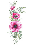 Pink anemone flowers and delicate branches border. Watercolor illustration isolated on white background.