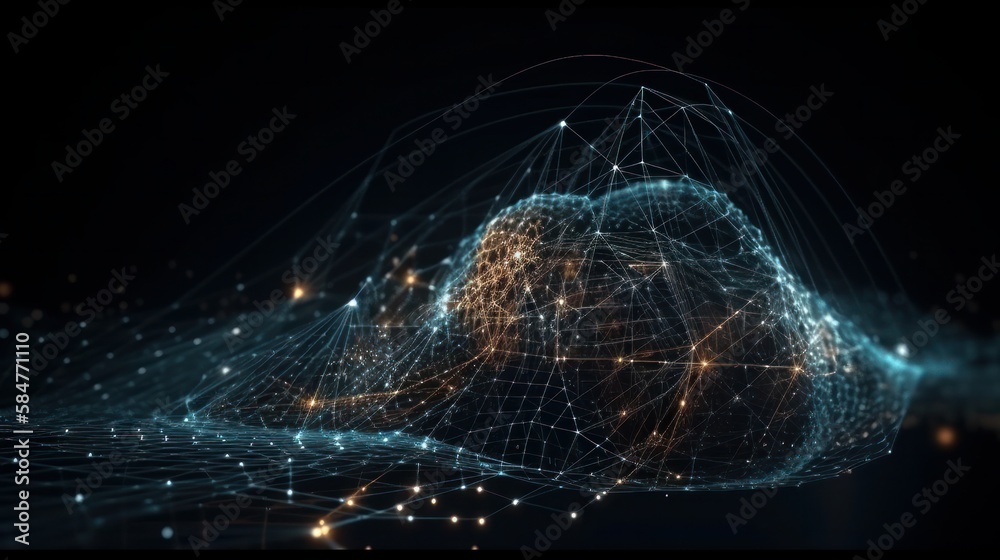 Abstract connected dots and lines. Concept of AI technology, Motion of digital data flow. Communication and technology network concept with moving lines and dots. 3D rendering - Generative AI