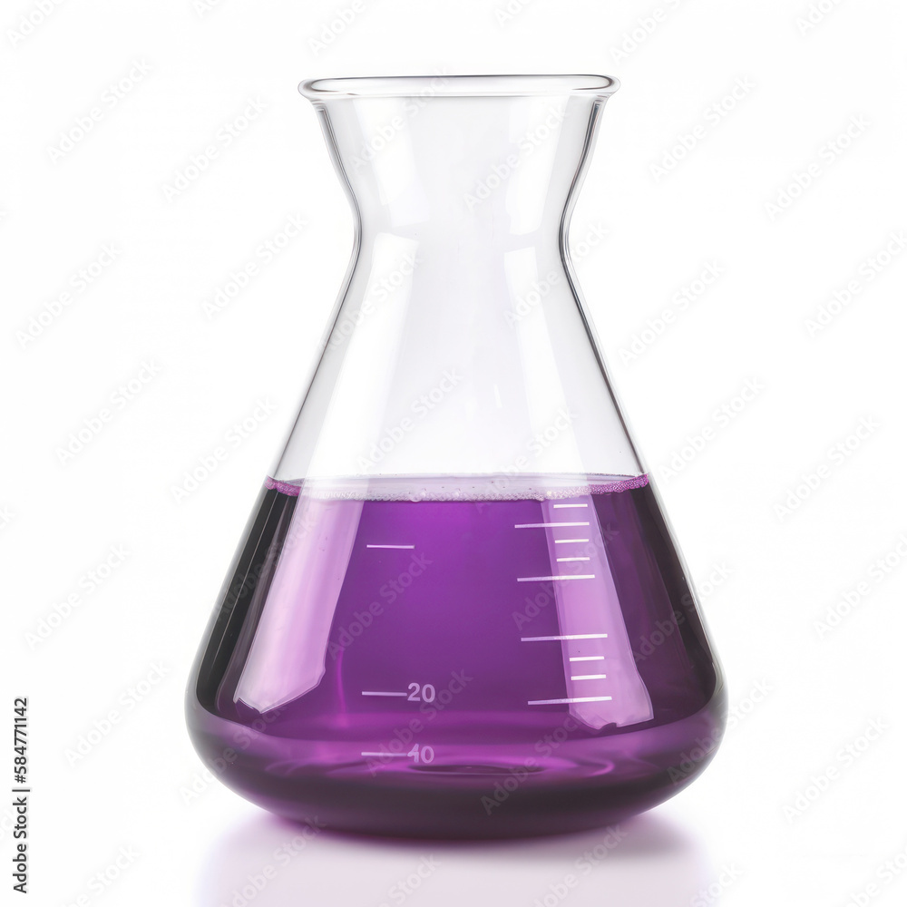 Lab glassware with purple liquid isolated on white. Laboratory glass flask. Generative AI