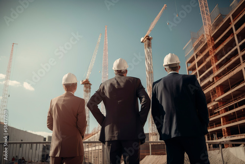 Three businessmen wearing hard hats contemplating the construction site of one of the office buildings they are building. Review and certification of new engineering works. Generative AI