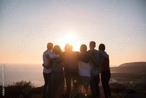 A group of friends embracing, contemplating the sunset on a hilltop by the sea. Friendship, togetherness and happy moments with loved ones. Generative AI