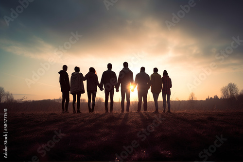 A group of friends holding hands, in the middle of the countryside, contemplating a beautiful sunset. Friendship, togetherness and happy moments with loved ones. Generative AI