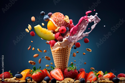 An ice cream cone loaded with rich fresh fruit and nuts. Strawberries, kiwis, raspberries and blueberries in a delicious healthy and vitamin-rich ice cream. Generative AI